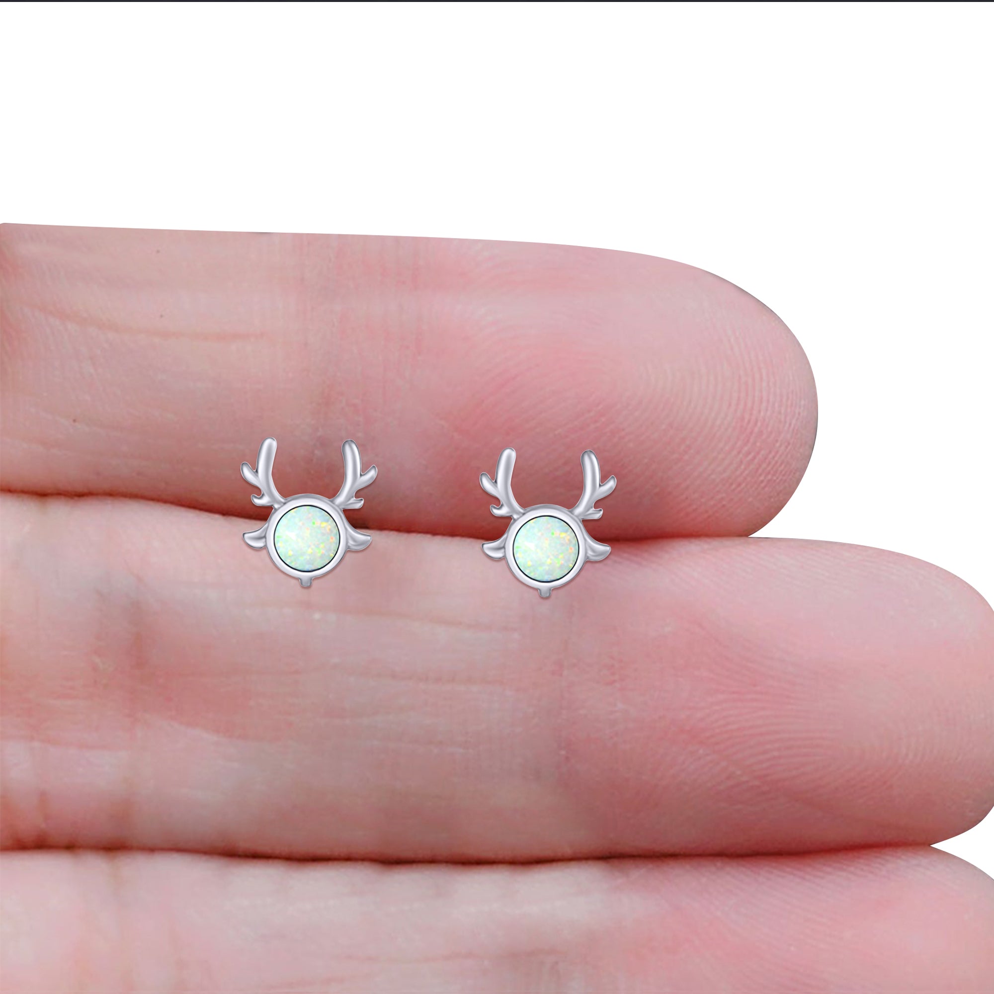 Deer Antler Stud Earring Created White Opal Solid 925 Sterling Silver (10.2mm)