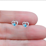 Heart & Paw Print Stud Earring Created Blue Opal Solid 925 Sterling Silver (9.1mm)
