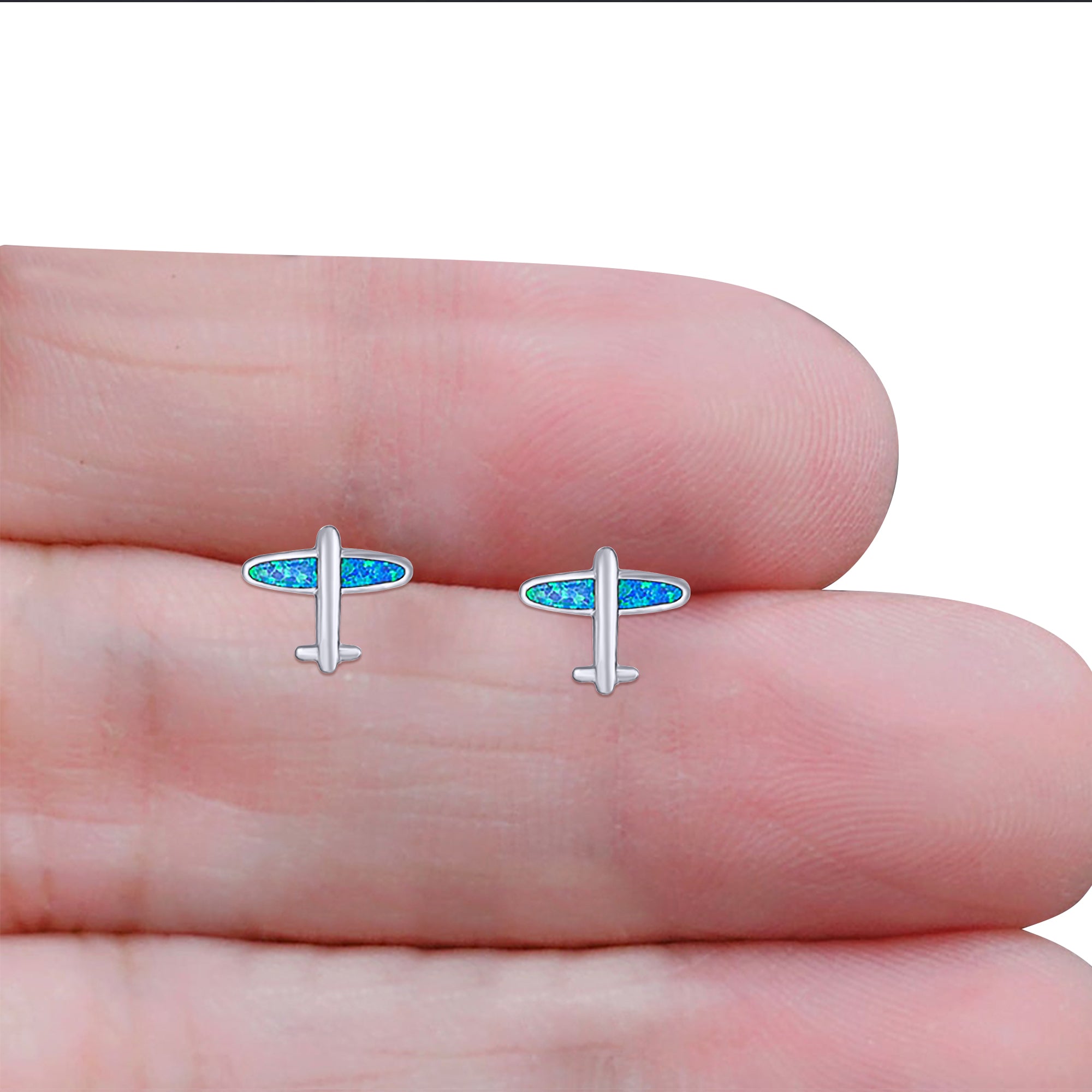 Flying High Aeroplane Stud Earring Created Blue Opal Solid 925 Sterling Silver (8.7mm)