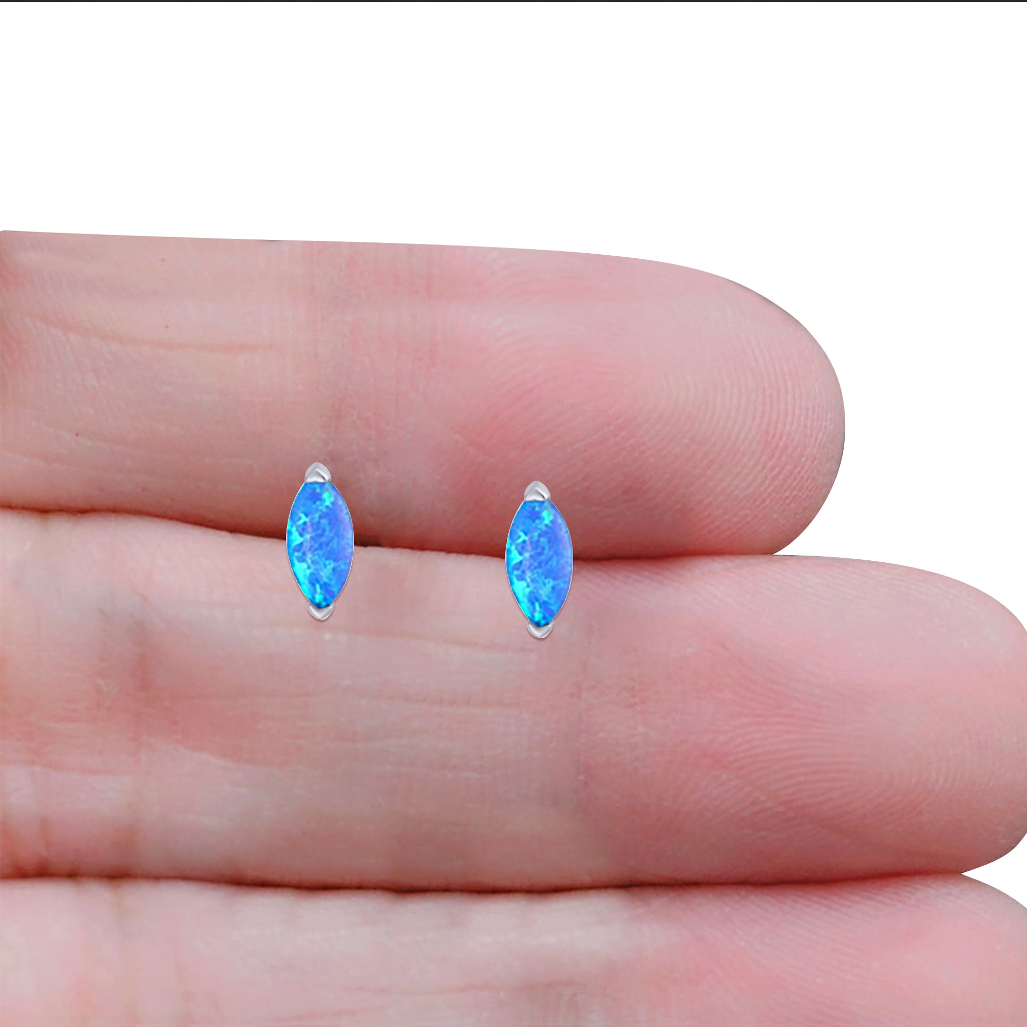Art Deco Marquise Created Blue Opal Solid 925 Sterling Silver (6.5mm)