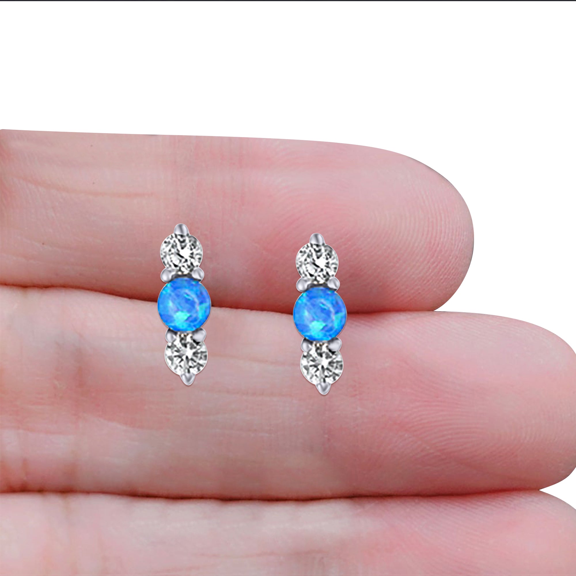 Art Deco Three Stone Stud Earring Simulated Cubic Zirconia Created Blue Opal Solid 925 Sterling Silver (9mm)