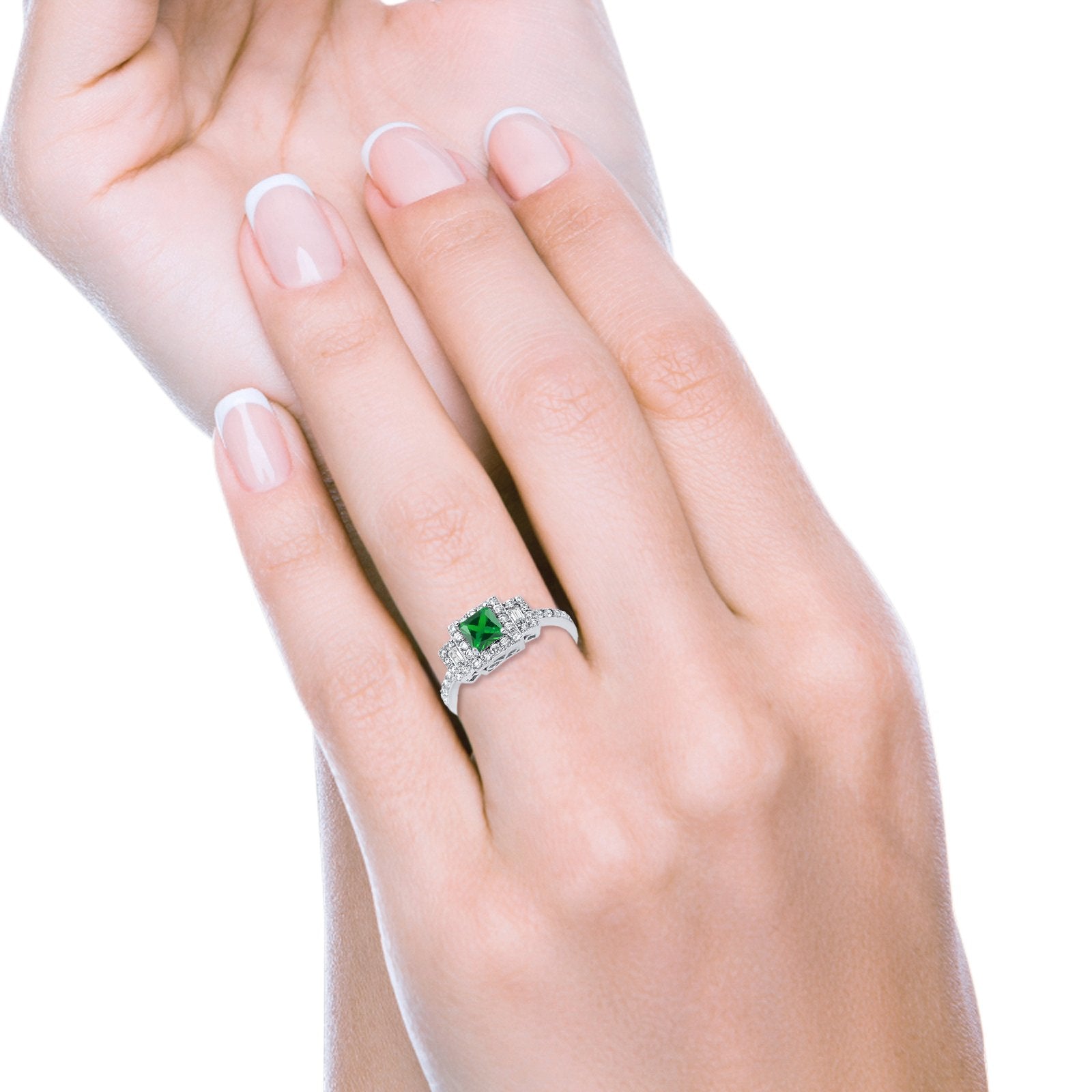 Halo Wedding Ring Baguette Simulated Green Emerald CZ 925 Sterling Silver