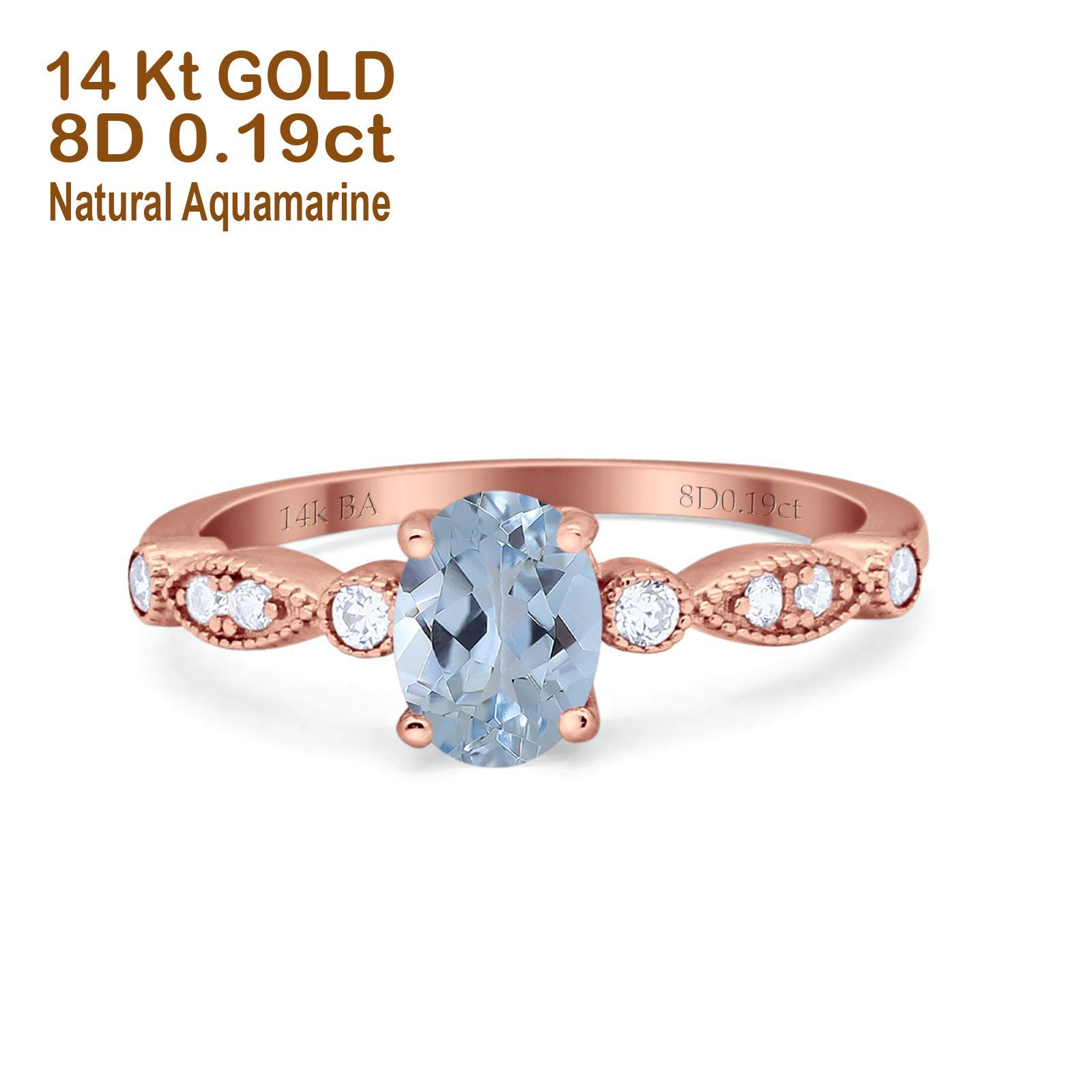 14K Rose Gold 1.4ct Oval Vintage Style 8mmx6mm G SI Natural Aquamarine Diamond Engagement Wedding Ring Size 6.5
