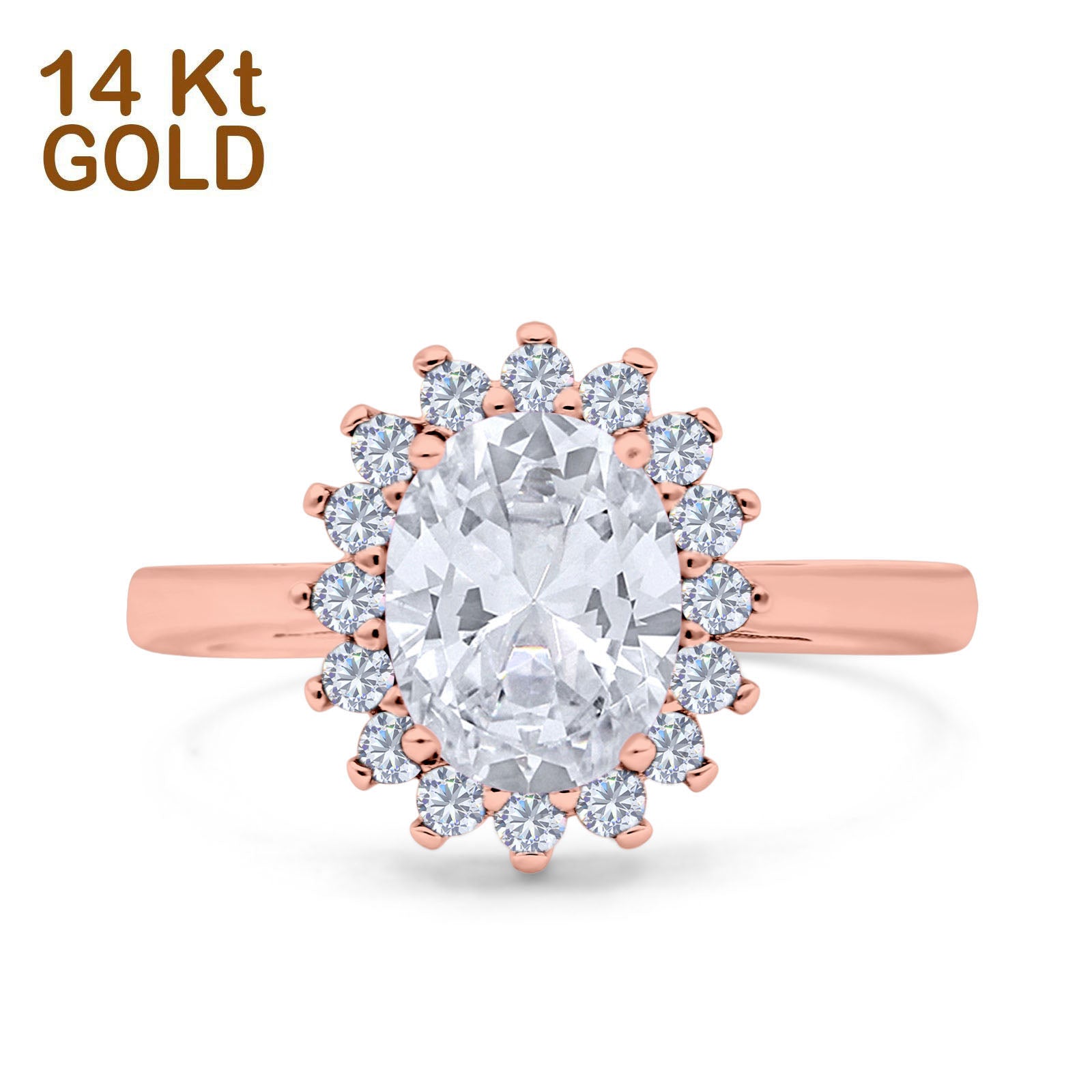 14K Rose Gold Halo Art Deco Oval Wedding Ring Simulated Cubic Zirconia Size-7