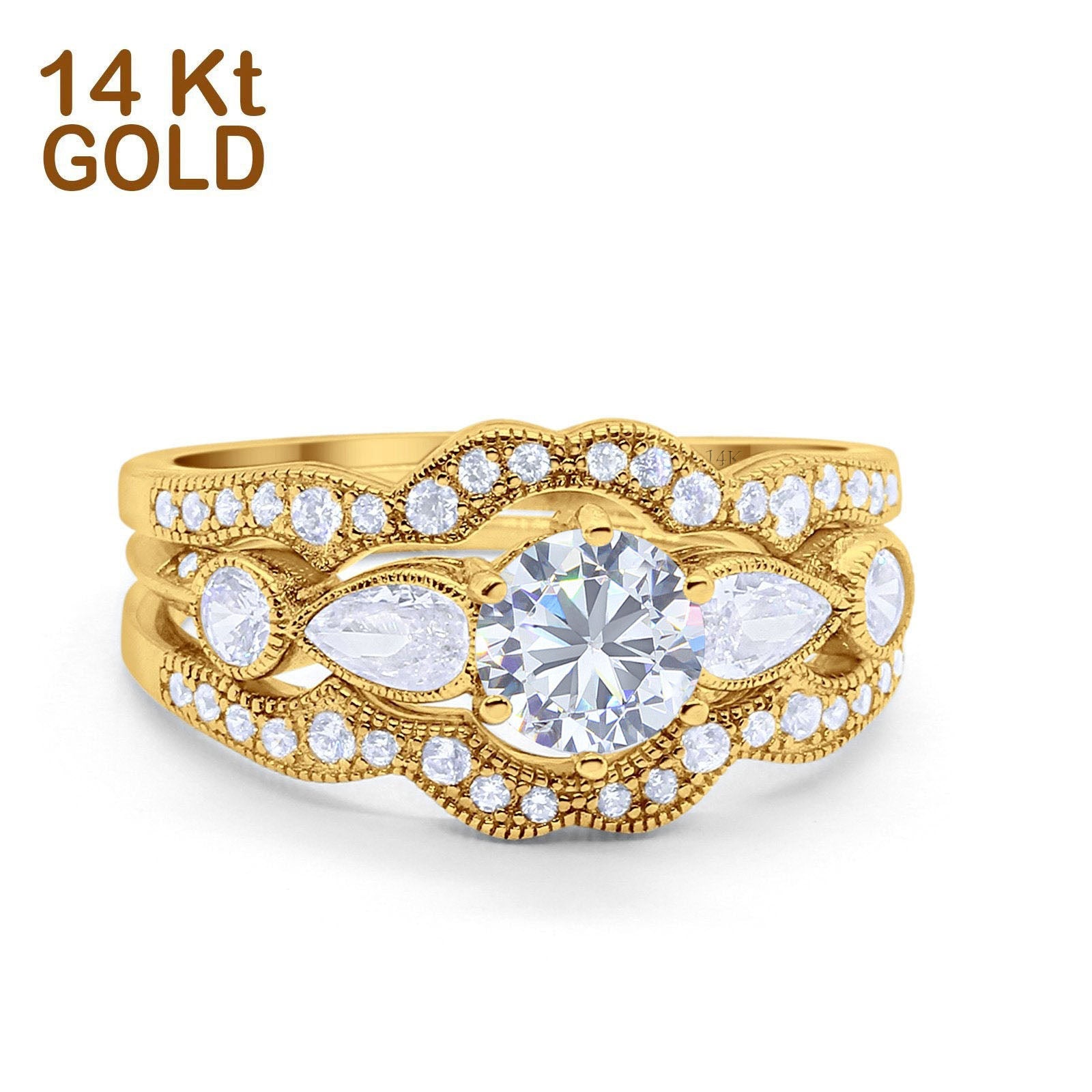 14K Yellow Wedding Set Three Piece – Blue Promise Apple Bridal Gold Engag Ring Band Imports