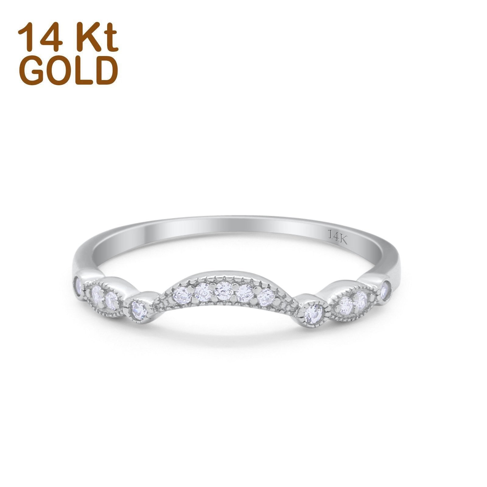 14K White Gold Art Deco Curved Wedding Band Eternity Ring Simulated Cubic Zirconia Size-7