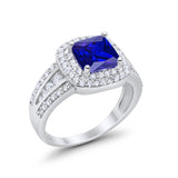 Halo Art Deco Wedding Ring Princess Cut Round Simulated Blue Sapphire CZ 925 Sterling Silver