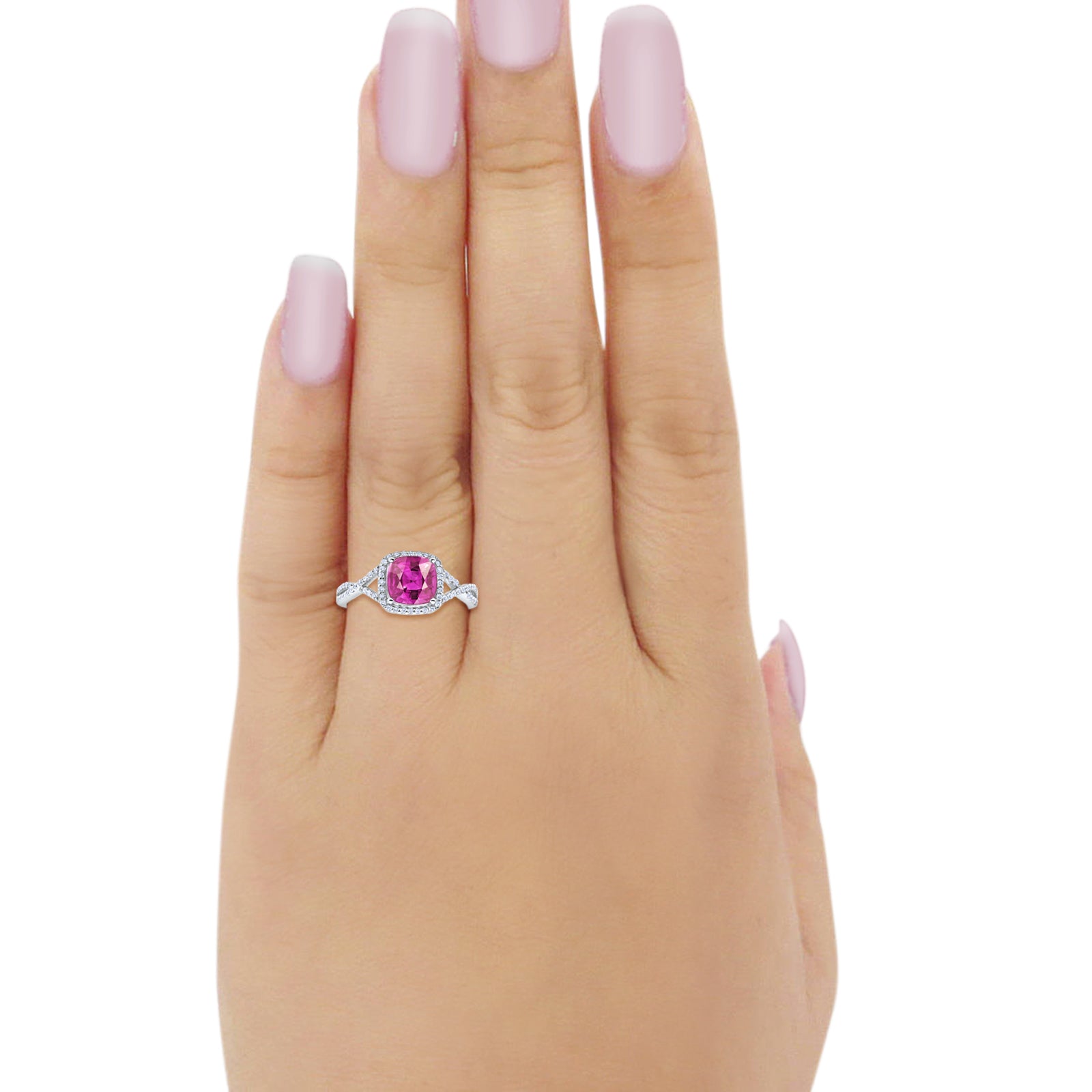 Halo Infinity Shank Engagement Ring Cushion Round Simulated Pink CZ 925 Sterling Silver