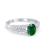 Solitaire Floral Accent Oval Simulated Green Emerald CZ Wedding Ring 925 Sterling Silver