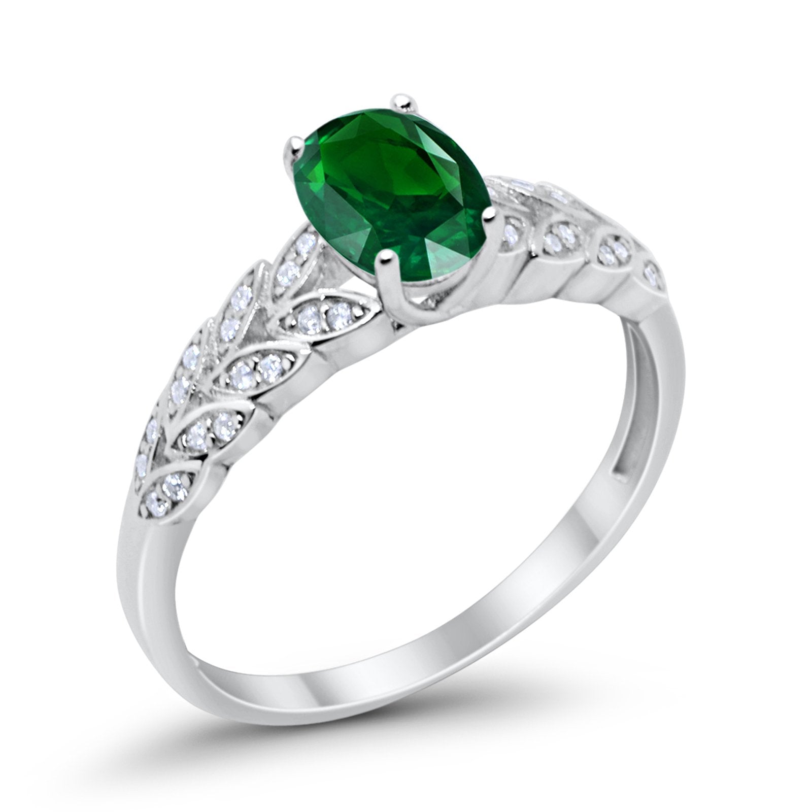 Solitaire Floral Accent Oval Simulated Green Emerald CZ Wedding Ring 925 Sterling Silver