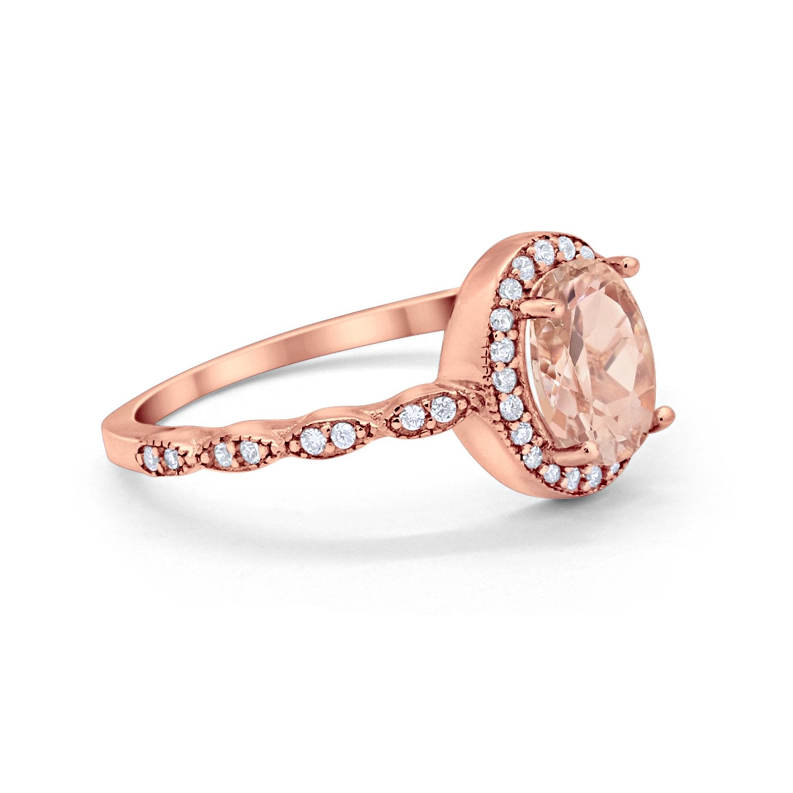 Oval Engagement Ring Halo Bridal Rose Tone, Simulated Morganite CZ 925 Sterling Silver