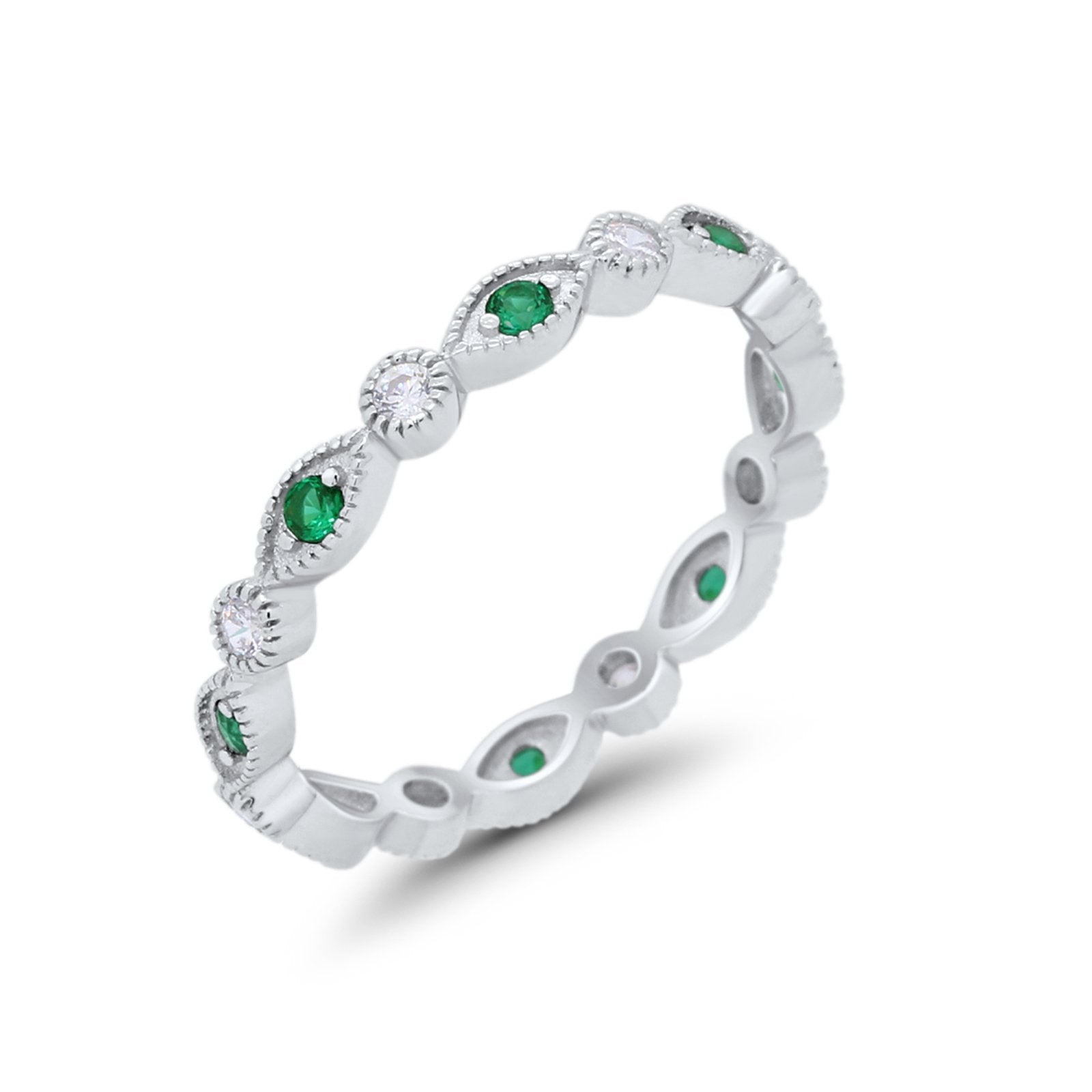 Eternity Stackable Wedding Marquise Simulated Green Emerald CZ 925 Sterling Silver