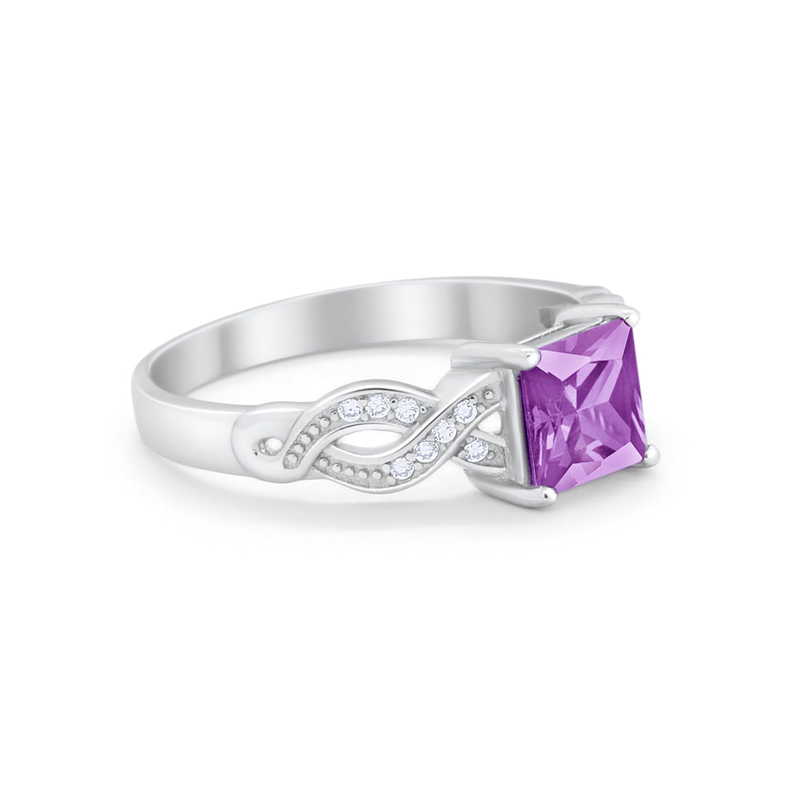 Solitaire Infinity Shank Ring Princess Cut Simulated Lavender CZ 925 Sterling Silver