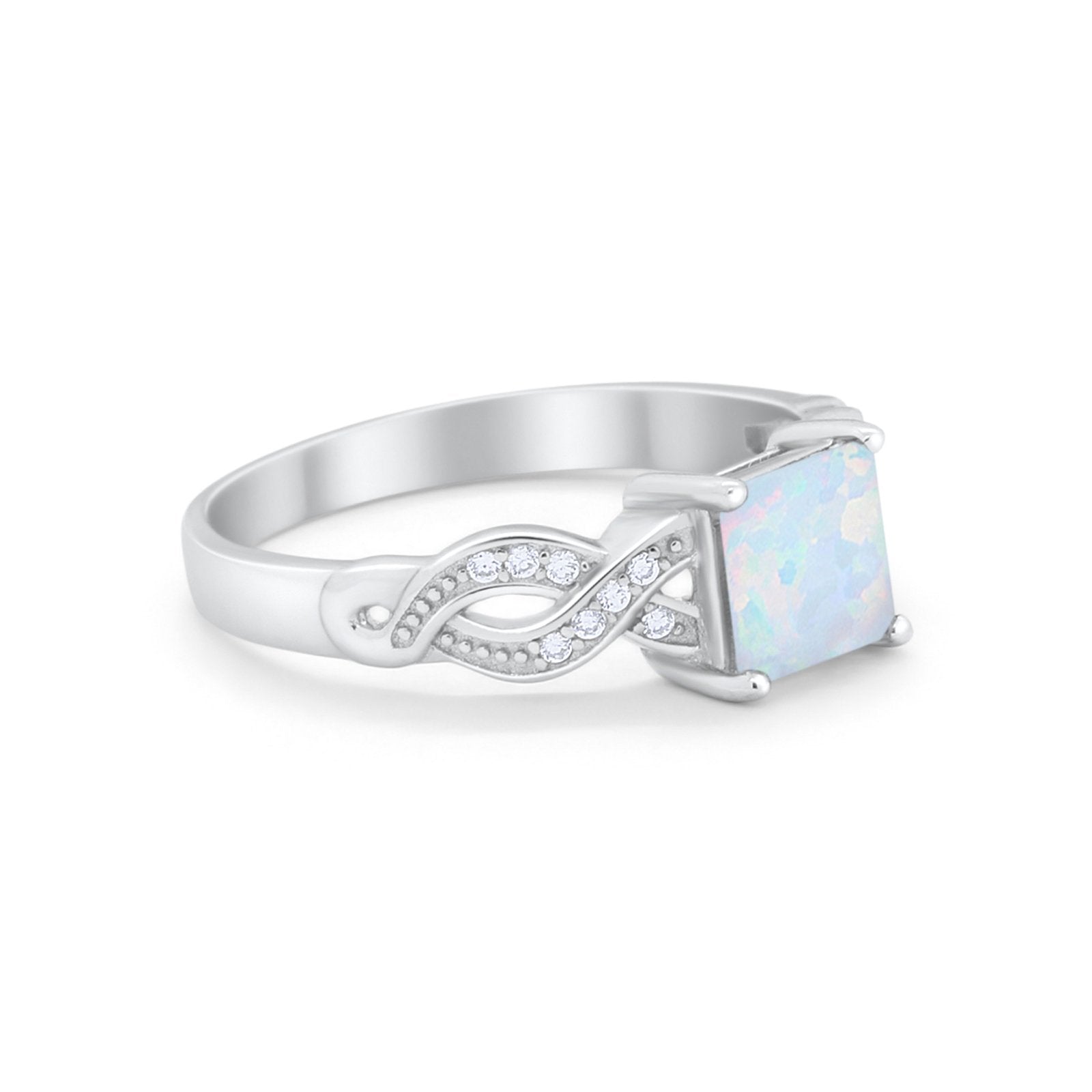 Solitaire Infinity Shank Ring Princess Lab Created White Opal 925 Sterling Silver