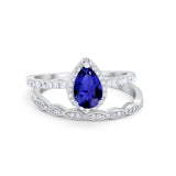 Art Deco Teardrop Wedding Piece Ring Simulated Blue Sapphire CZ 925 Sterling Silver