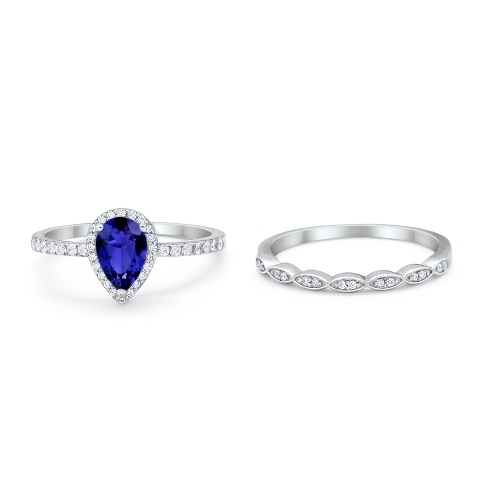 Art Deco Teardrop Wedding Piece Ring Simulated Blue Sapphire CZ 925 Sterling Silver