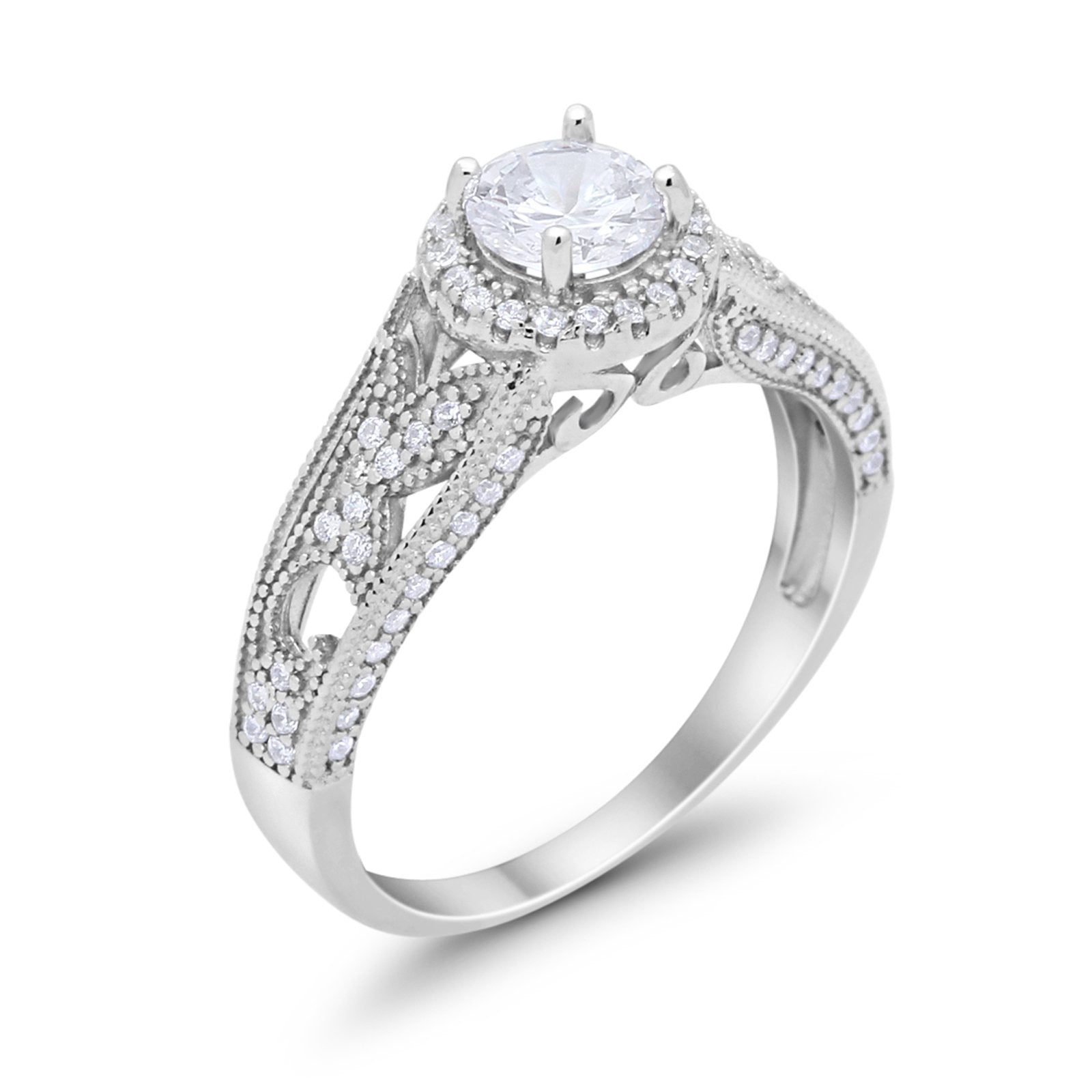 Halo Art Deco Engagement Ring Bridal Simulated CZ 925 Sterling Silver