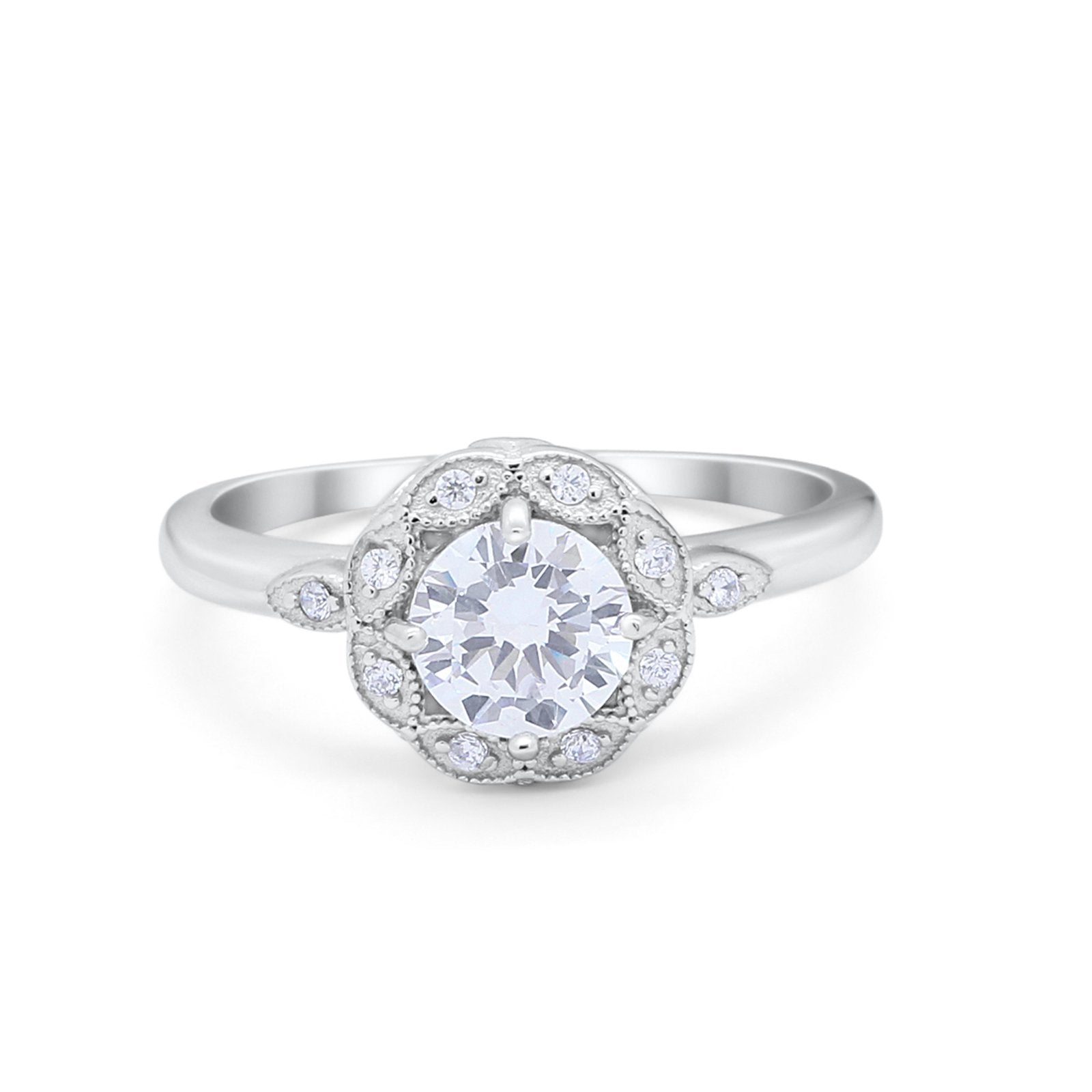 Vintage Style Engagement Ring Round Simulated CZ 925 Sterling Silver