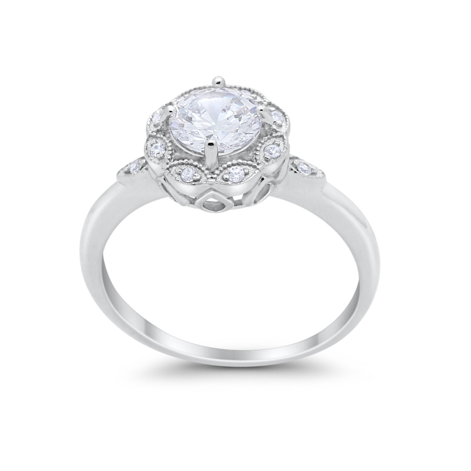 Vintage Style Engagement Ring Round Simulated CZ 925 Sterling Silver