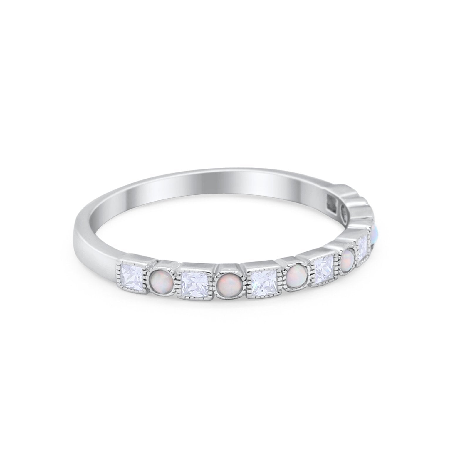 Half Eternity Wedding Band Ring Round Created White Opal 925 Sterling Silver