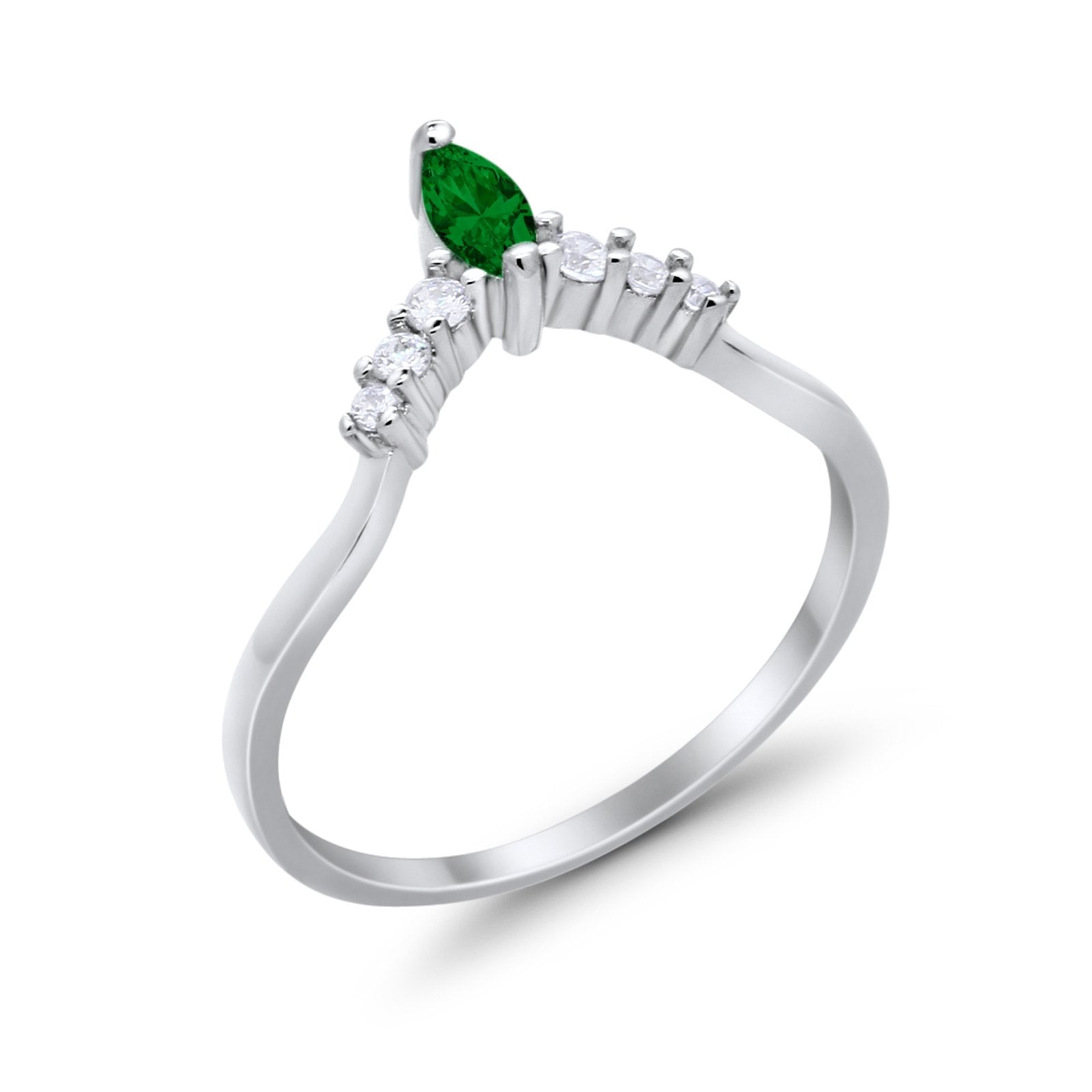 Art Deco Wedding Ring Chevron Midi Band Marquise Simulated Green Emerald CZ 925 Sterling Silver