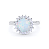 Halo Floral Wedding Ring Round Lab Created White Opal 925 Sterling Silver