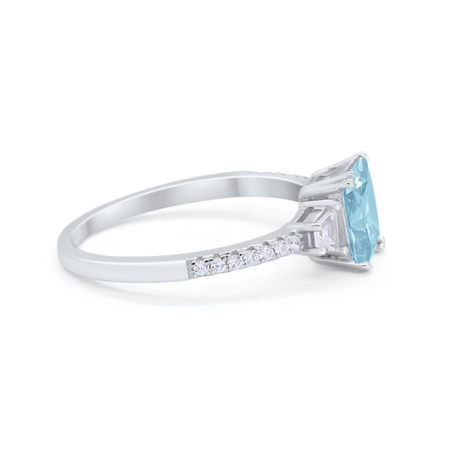 Emerald Cut Three Stone Wedding Ring Simulated Aquamarine CZ 925 Sterling Silver