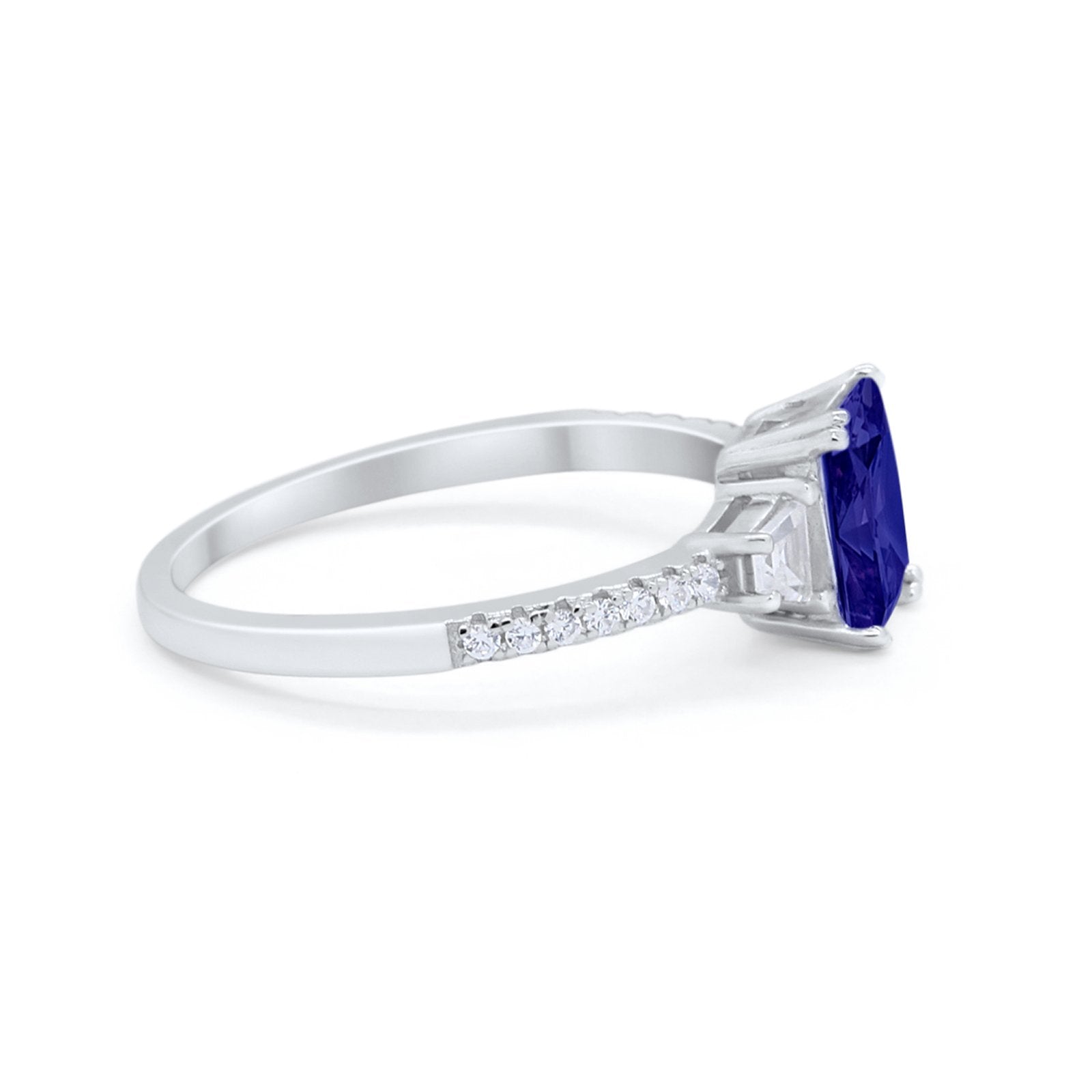 Emerald Cut Three Stone Wedding Ring Simulated Blue Sapphire CZ 925 Sterling Silver