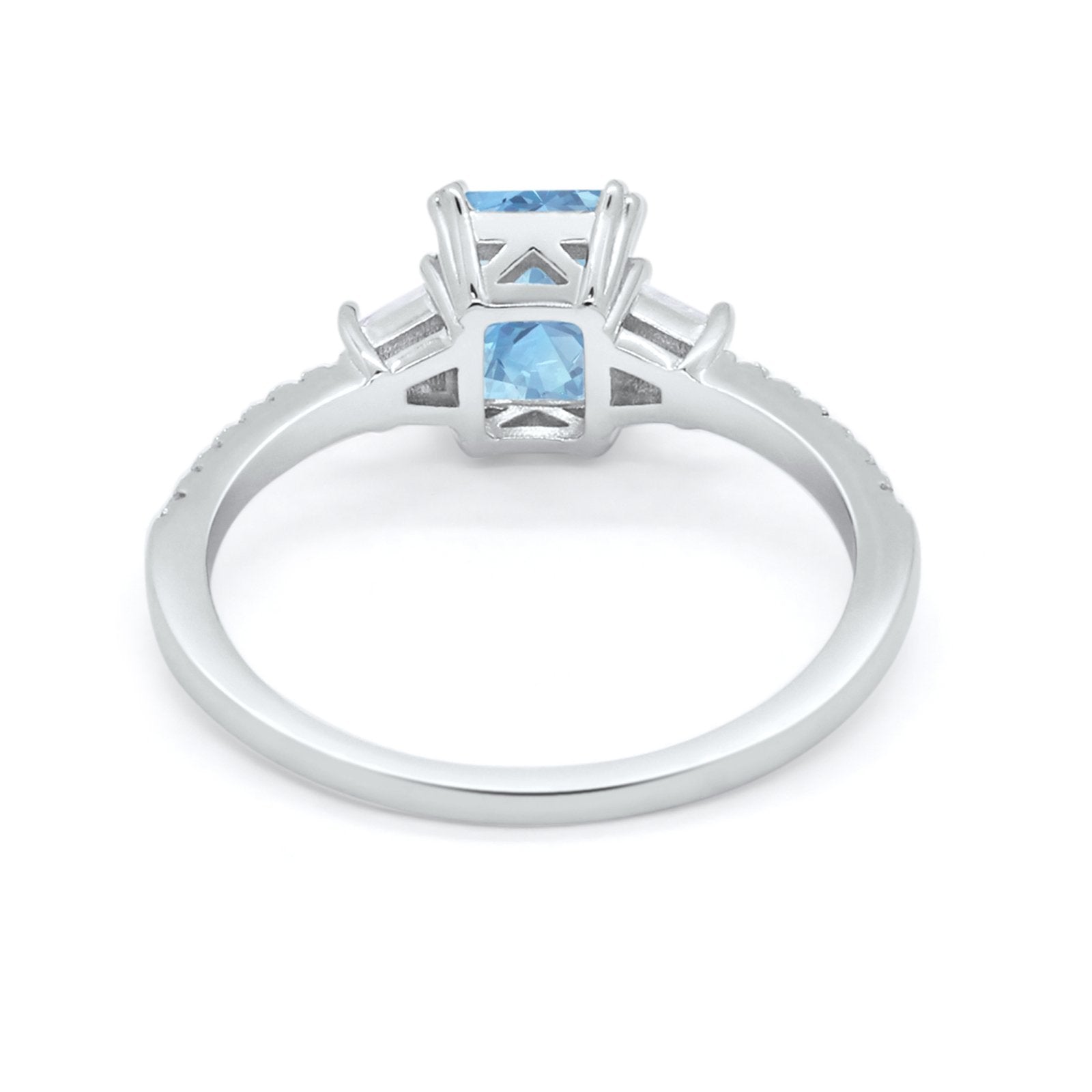 Emerald Cut Three Stone Wedding Ring Simulated Aquamarine CZ 925 Sterling Silver