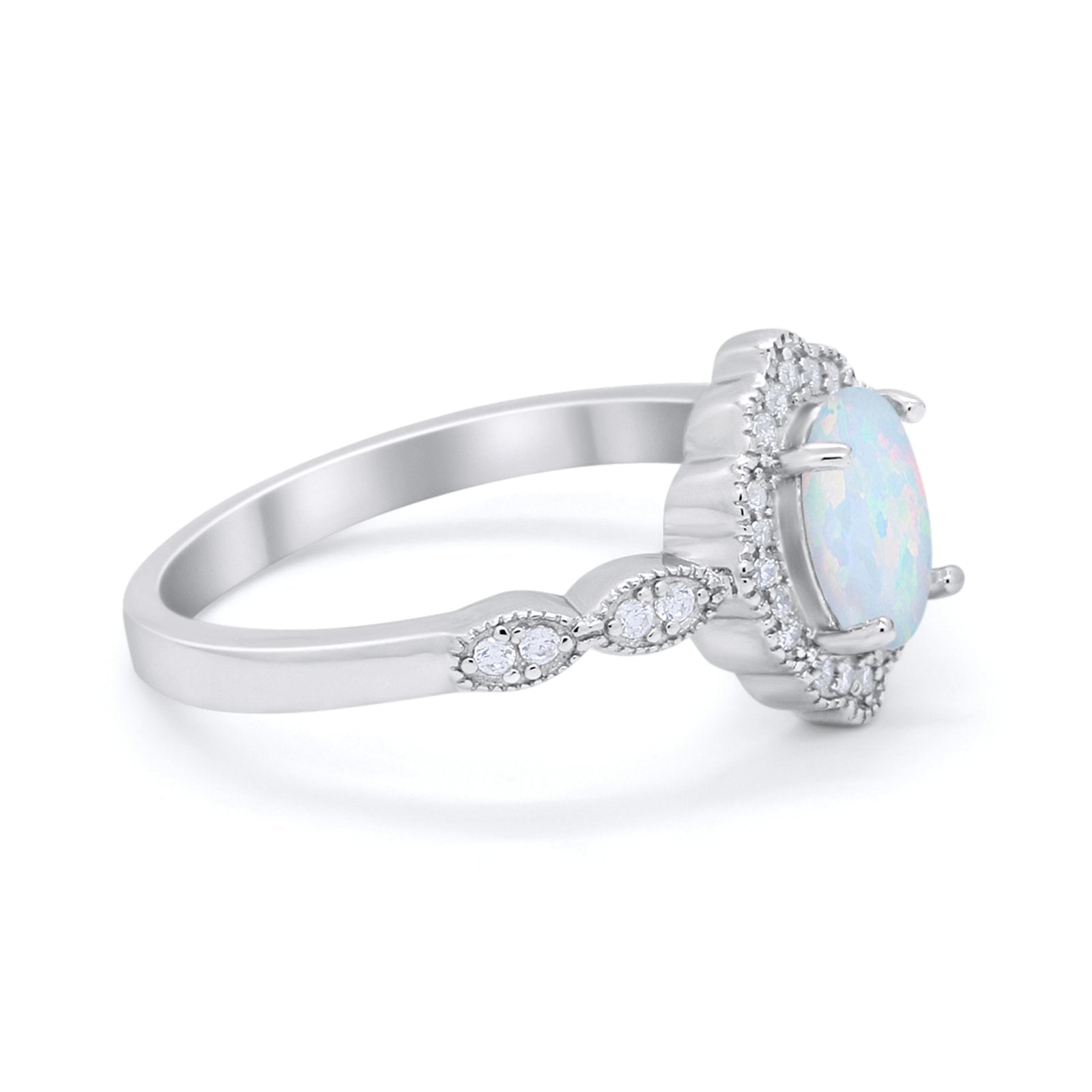 Halo Art Deco Oval Engagement Bridal Ring Lab Created White Opal 925 Sterling Silver