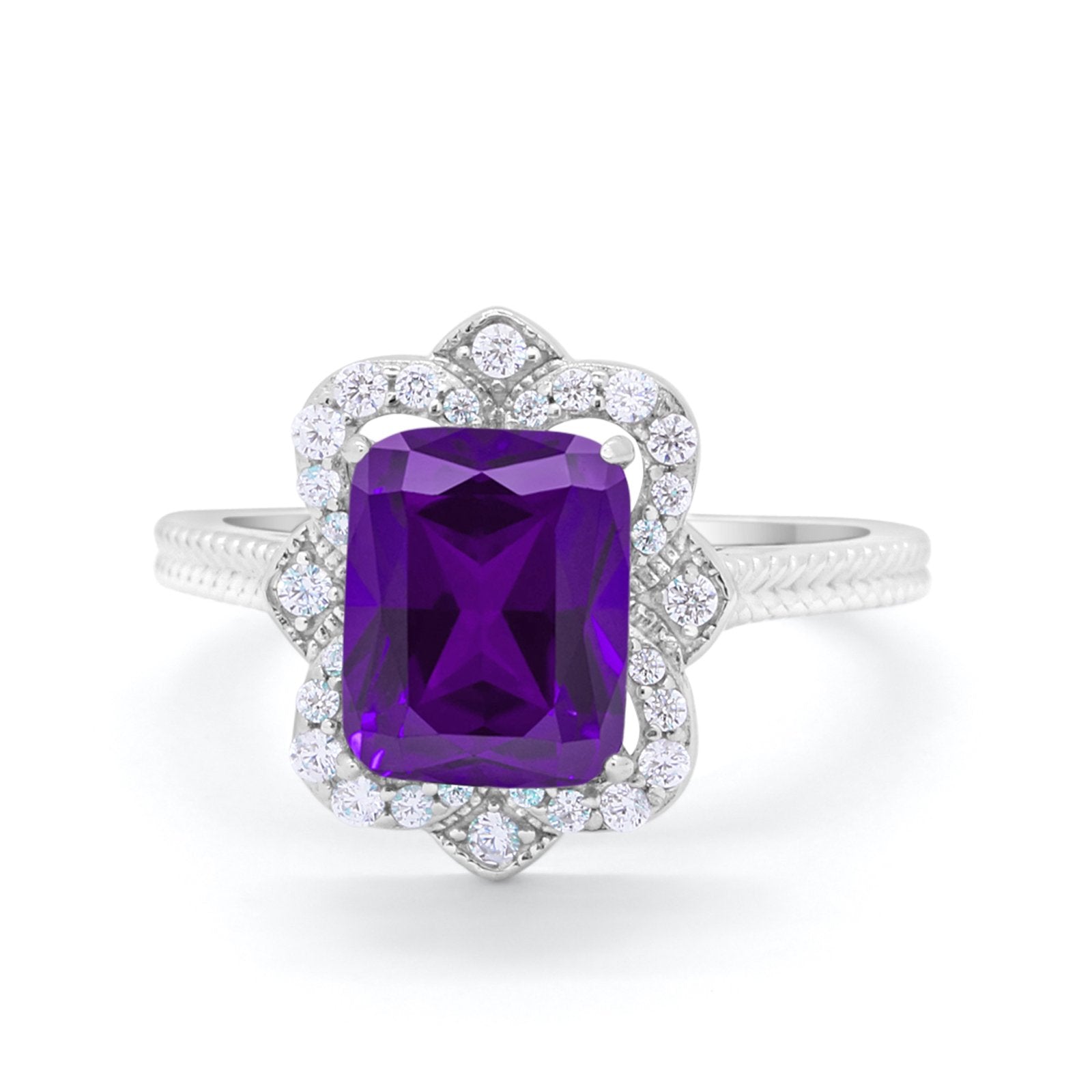 Halo Emerald Cut Engagement Ring Simulated Amethyst  CZ 925 Sterling Silver