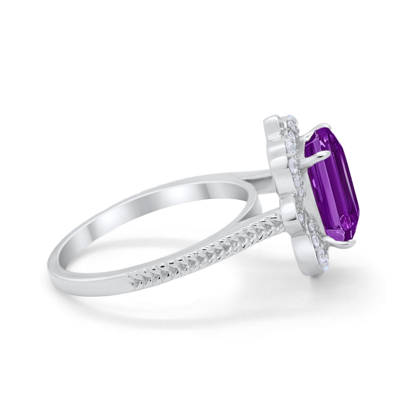 Halo Emerald Cut Engagement Ring Simulated Amethyst  CZ 925 Sterling Silver