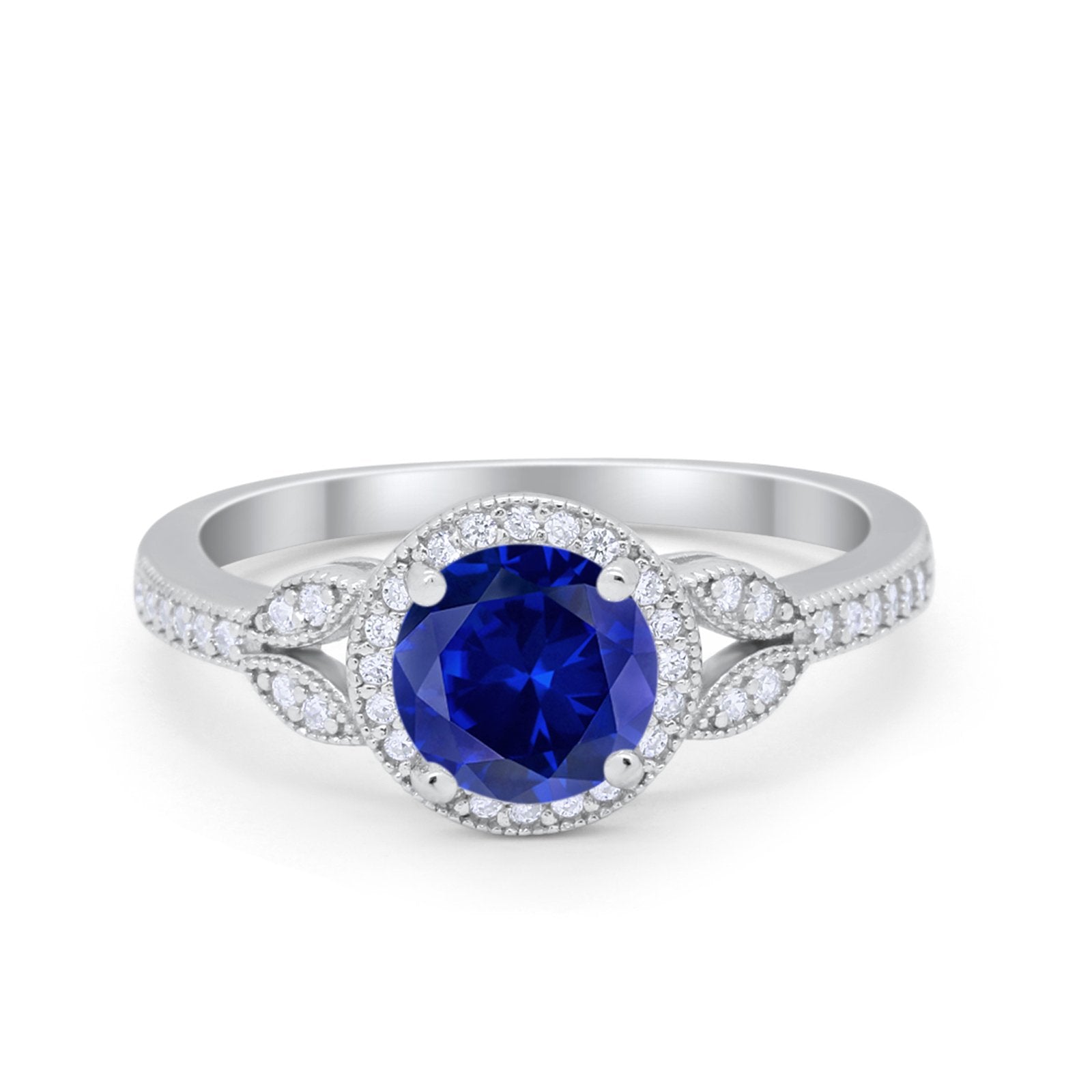 Art Deco Wedding Ring Halo Simulated Blue Sapphire CZ 925 Sterling Silver