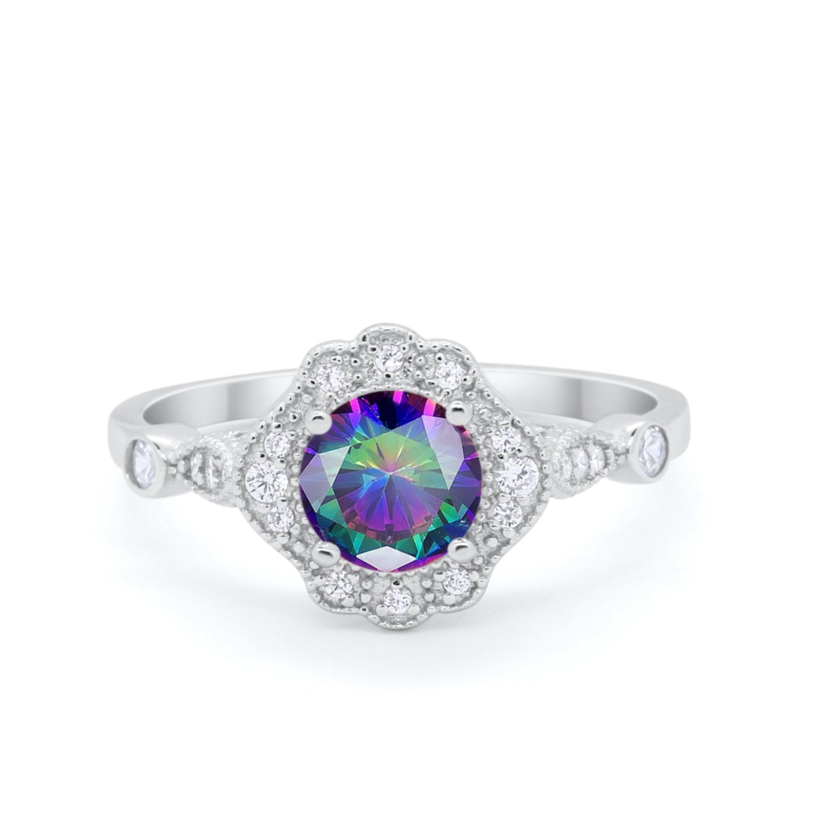 Halo Vintage Style Engagement Ring Simulated Rainbow CZ 925 Sterling Silver