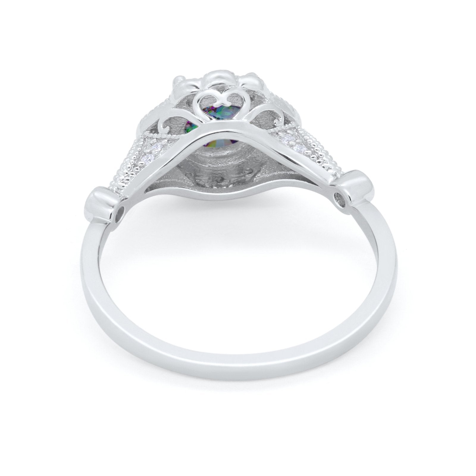 Halo Vintage Style Engagement Ring Simulated Rainbow CZ 925 Sterling Silver