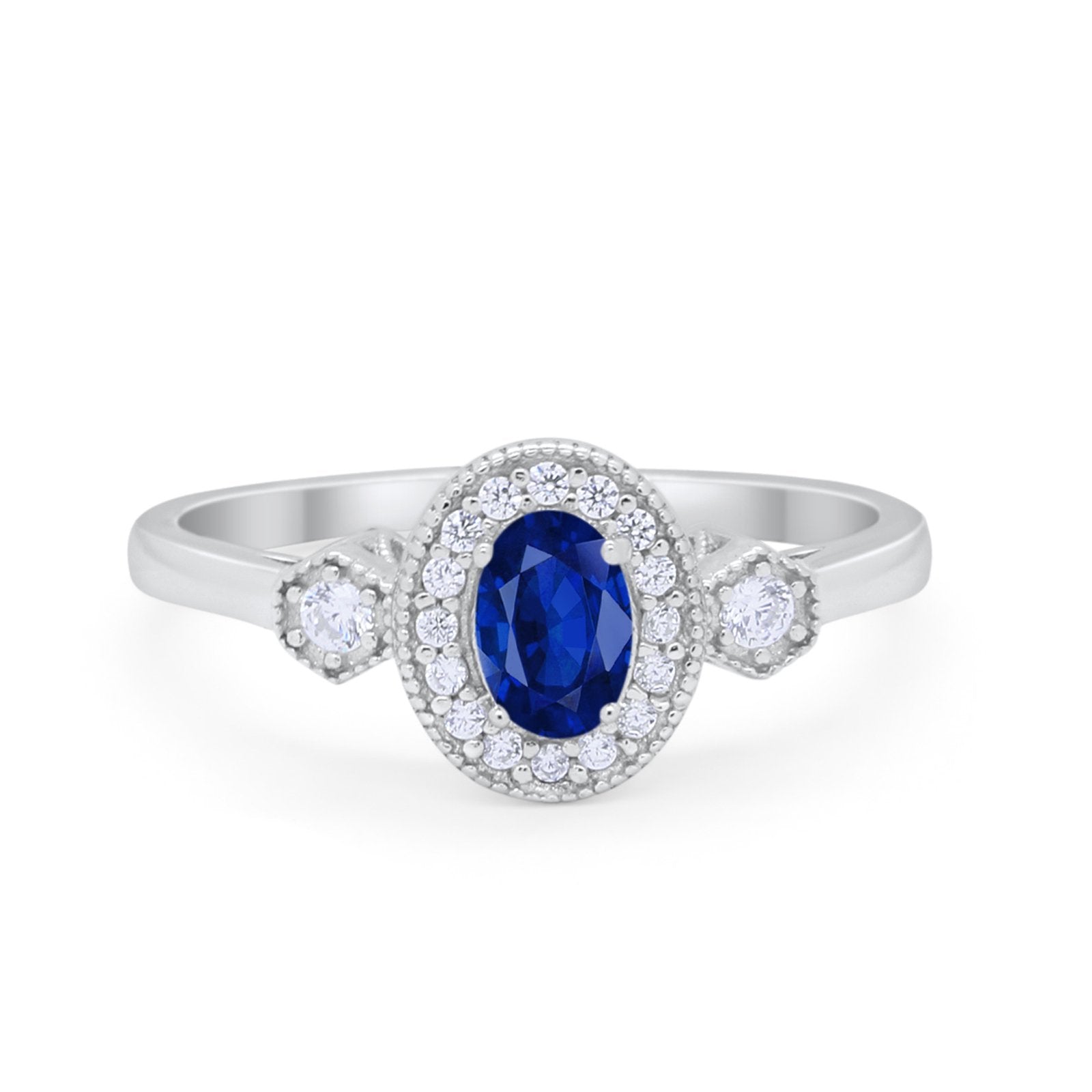 Oval Vintage Style Engagement Ring Simulated Blue Sapphire CZ 925 Sterling Silver