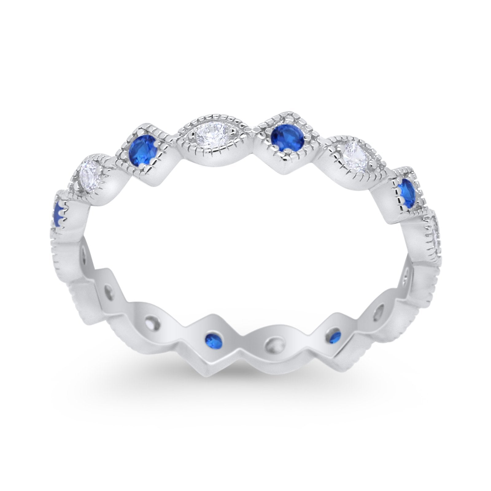 Full Eternity Wedding Band Ring Marquise Round  Simulated Blue Sapphire CZ 925 Sterling Silver