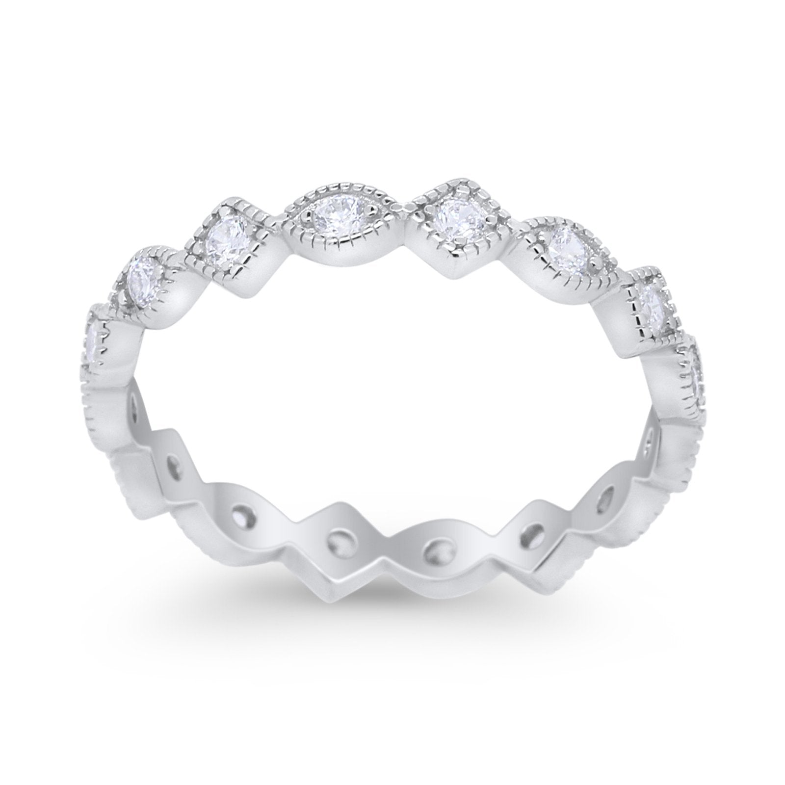 Full Eternity Wedding Band Ring Marquise Round Simulated Cubic Zirconia 925 Sterling Silver