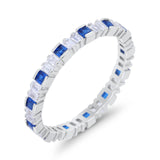 Baguette Princess Full Eternity Wedding Band Ring Simulated Blue Sapphire CZ 925 Sterling Silver