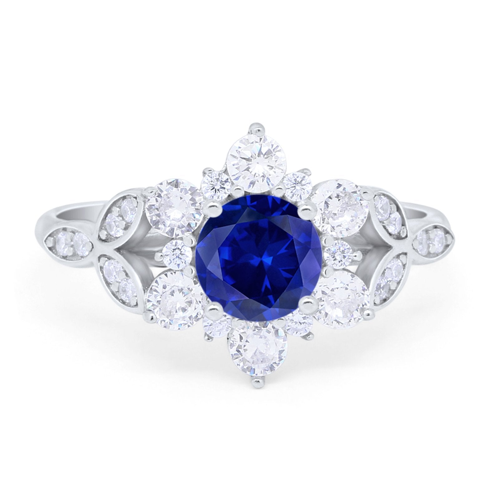 Floral Wedding Cluster Ring Simulated Blue Sapphire CZ 925 Sterling Silver