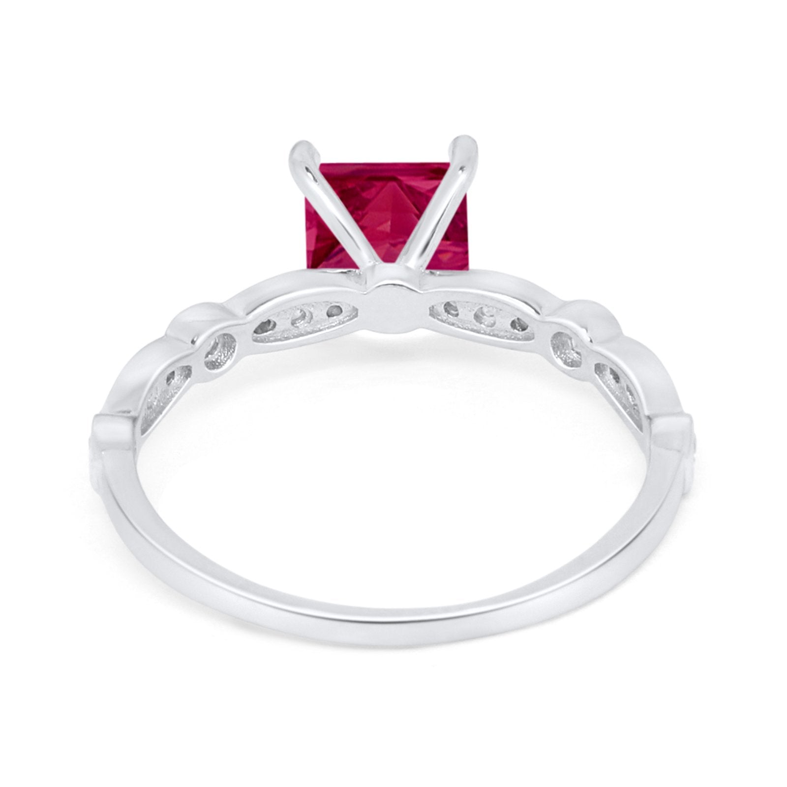 Art Deco Princess Cut Wedding Simulated Ruby CZ Ring 925 Sterling Silver