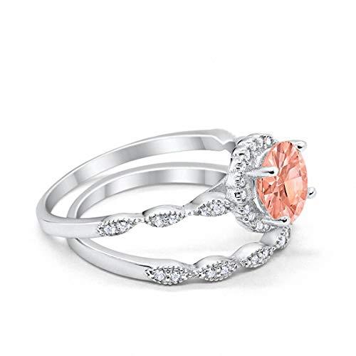 Two Piece Halo Wedding Ring Round Simulated Morganite CZ 925 Sterling Silver