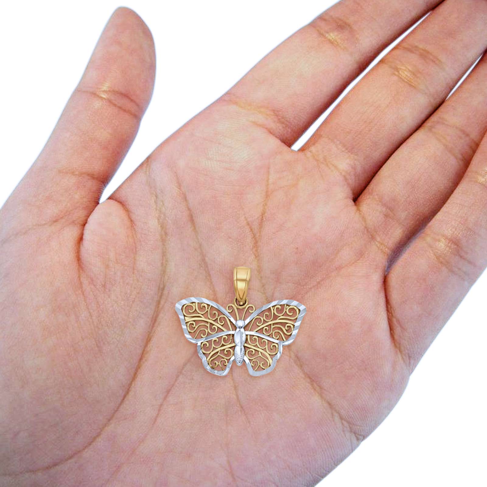 Filigree Cute Butterfly Pendant Charm Two Tone 14k Real Gold 13mmx20mm
