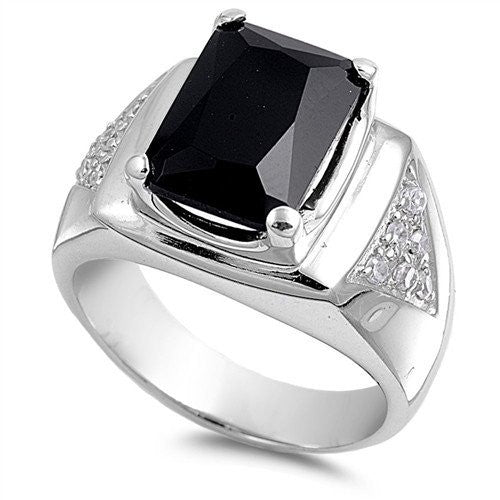 Men's Black Onyx & Cubic Zirconia .925 Sterling Silver Ring Sizes 8-15