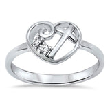 Heart Cross Ring Round Simulated Cubic Zirconia 925 Sterling Silver