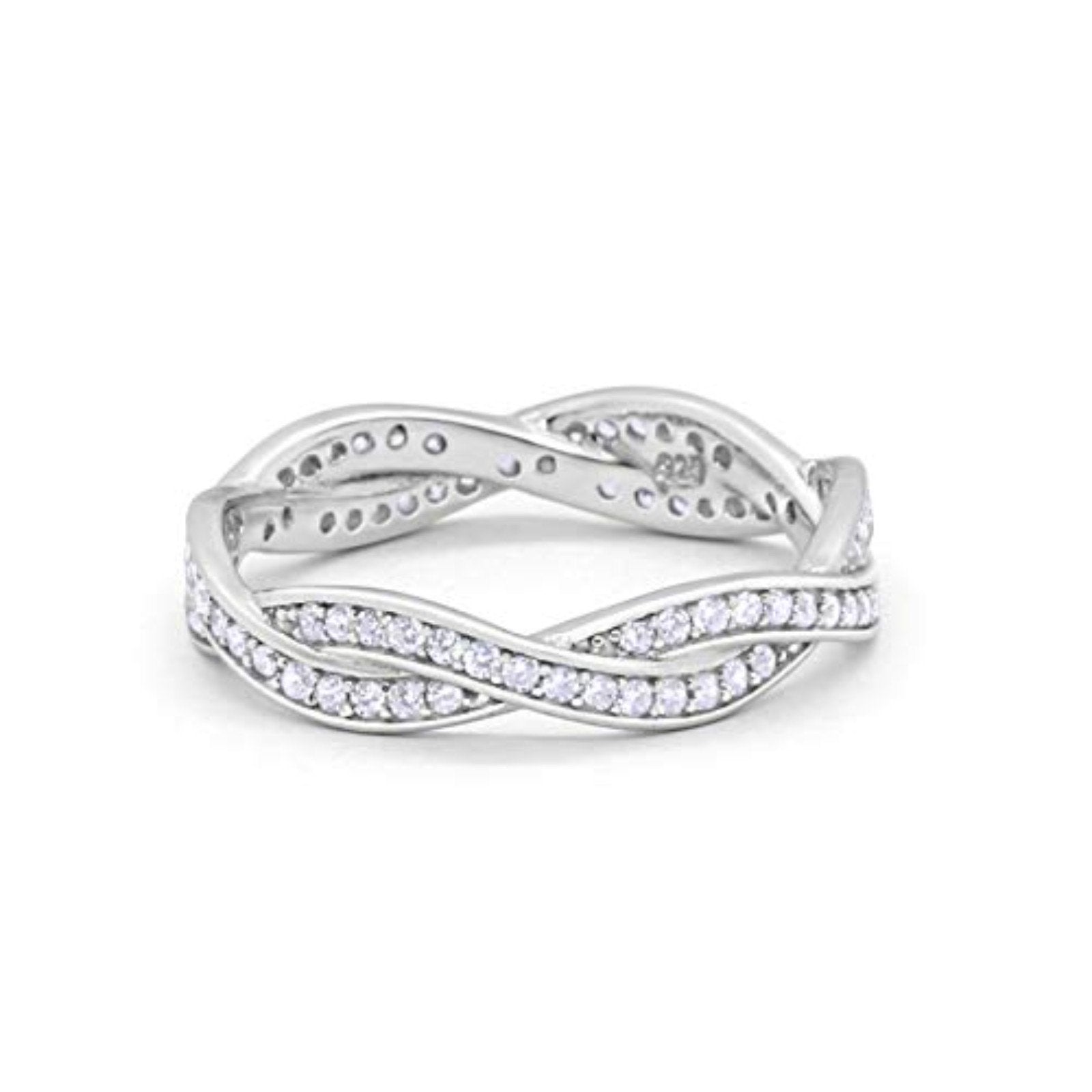 Crisscross Braided Weave Design Band Ring Round Eternity Simulated CZ 925 Sterling Silver
