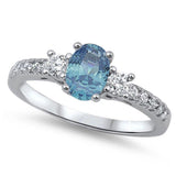 3 Stone Wedding Engagement Ring Oval Simulated Aquamarine CZ 925 Sterling Silver