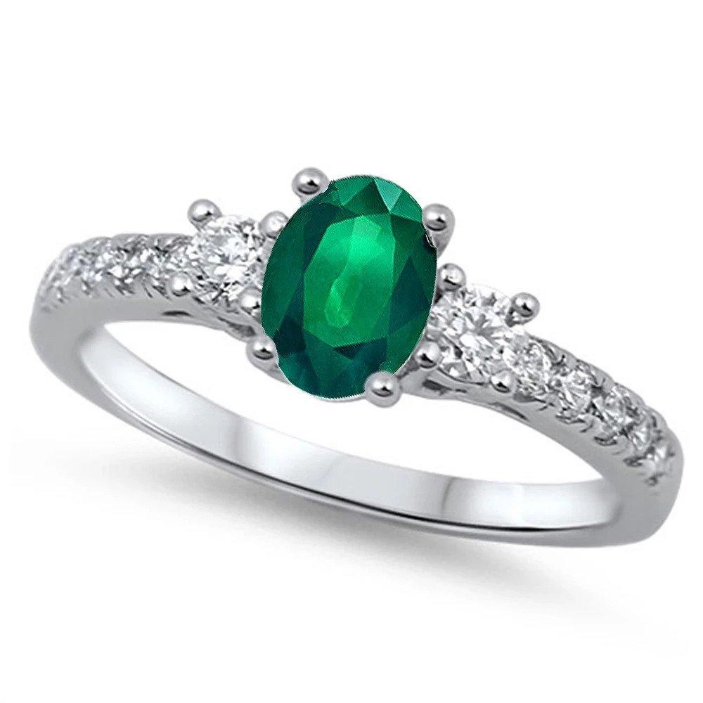 3 Stone Engagement Ring Oval Simulated Green Emerald CZ 925 Sterling Silver