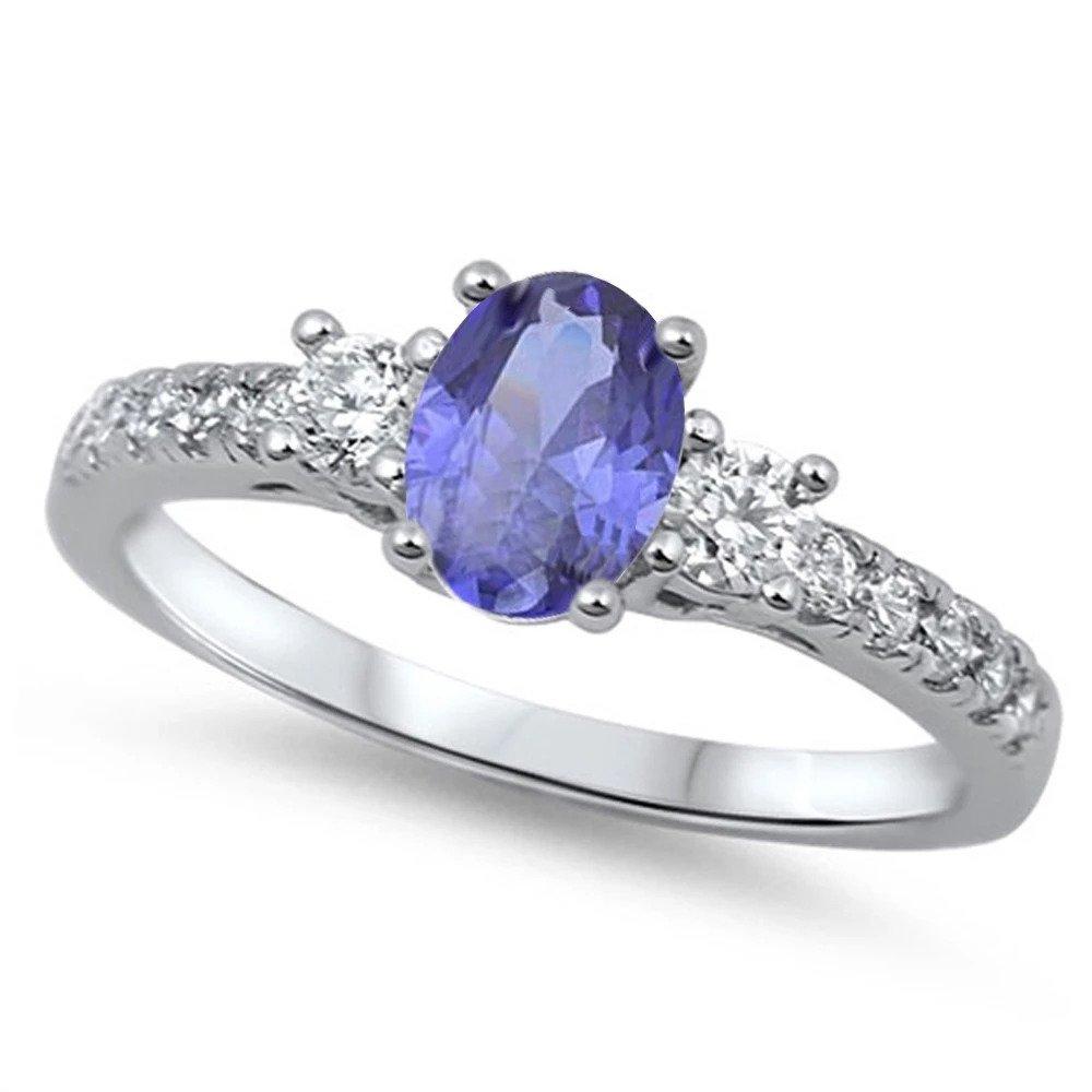 3 Stone Engagement Ring Oval Simulated Tanzanite CZ 925 Sterling Silver