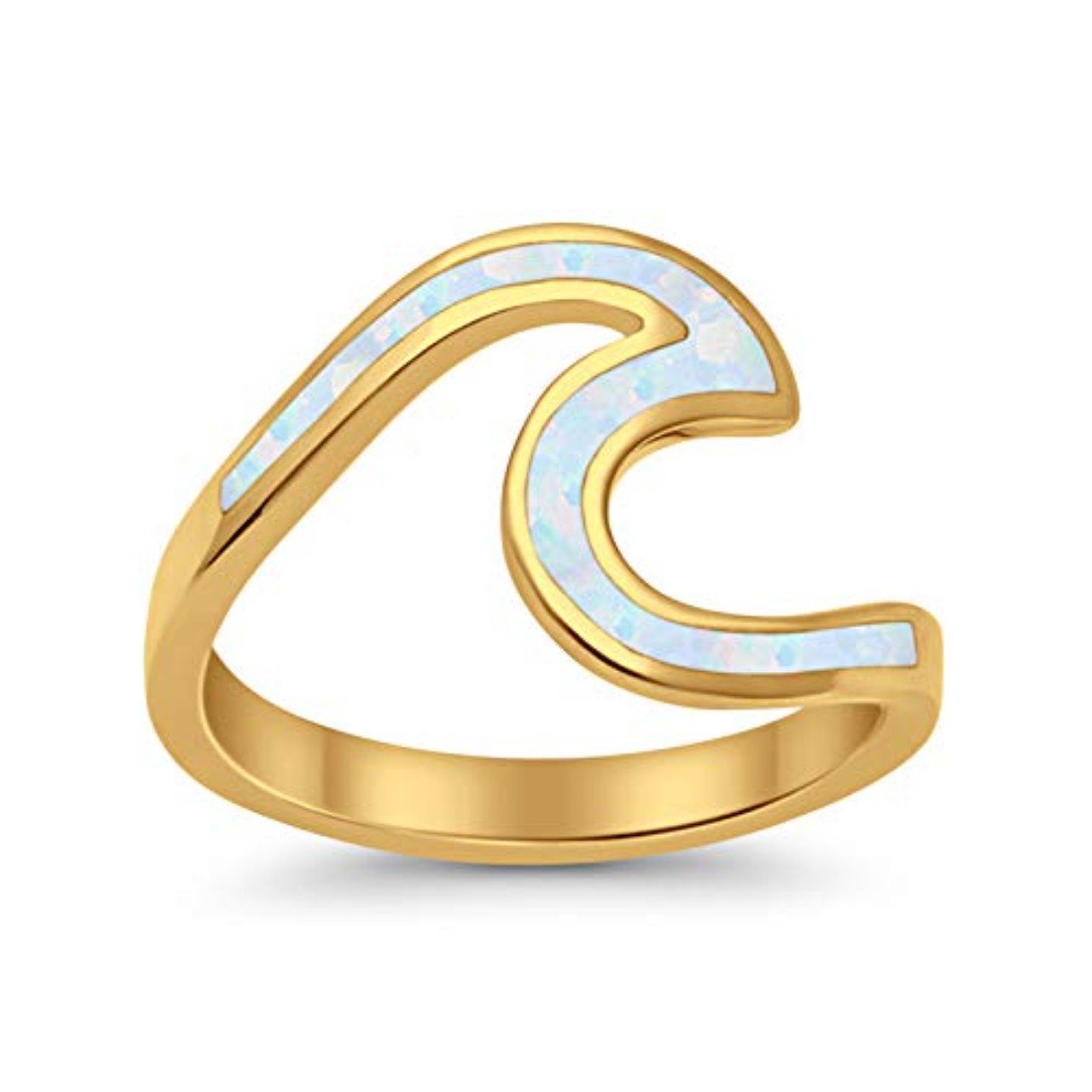 Wave Ring Band Swirl Yellow Tone, Lab Created White Opal 925 Sterling Silver